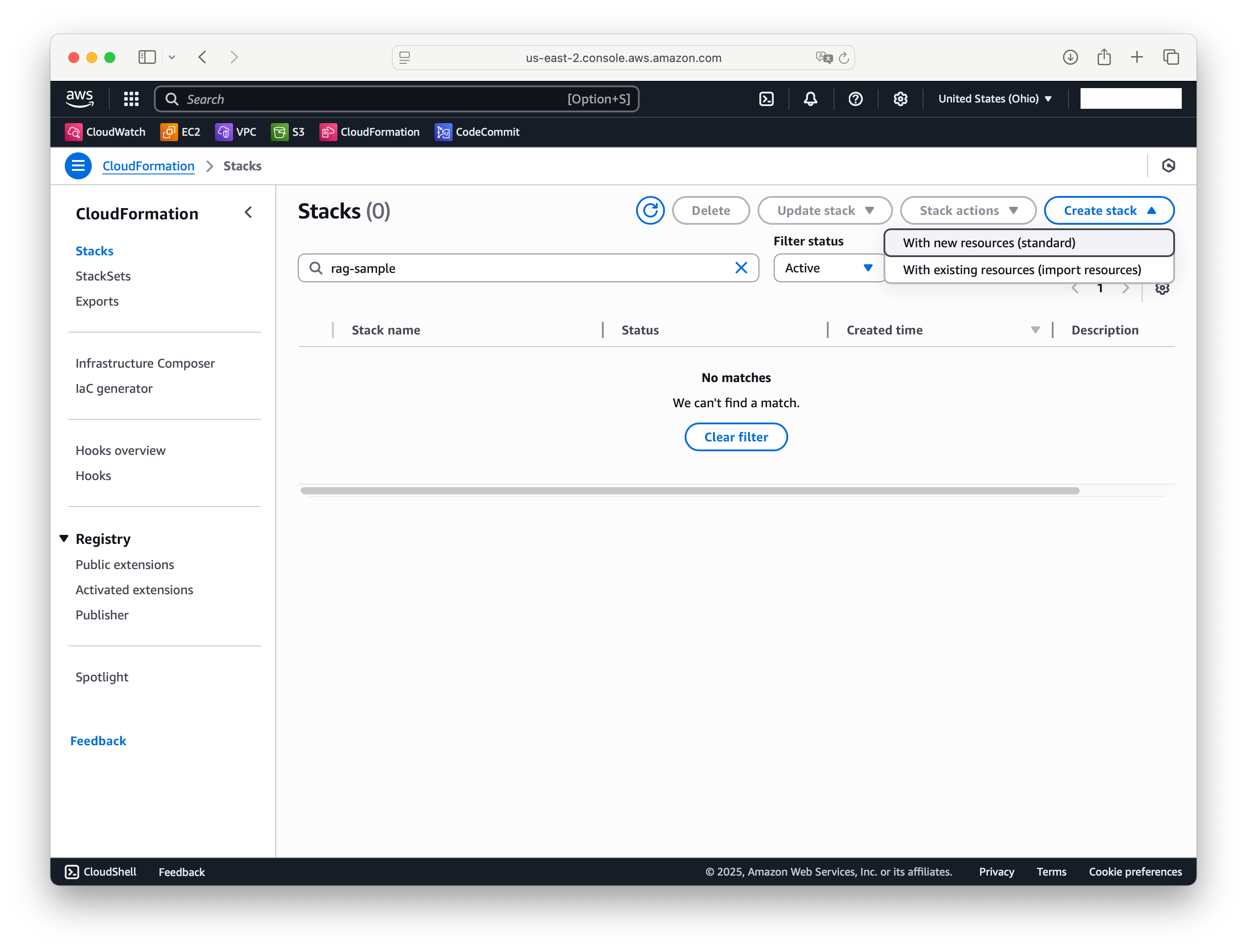 Creating a new stack in the AWS CloudFormation console.