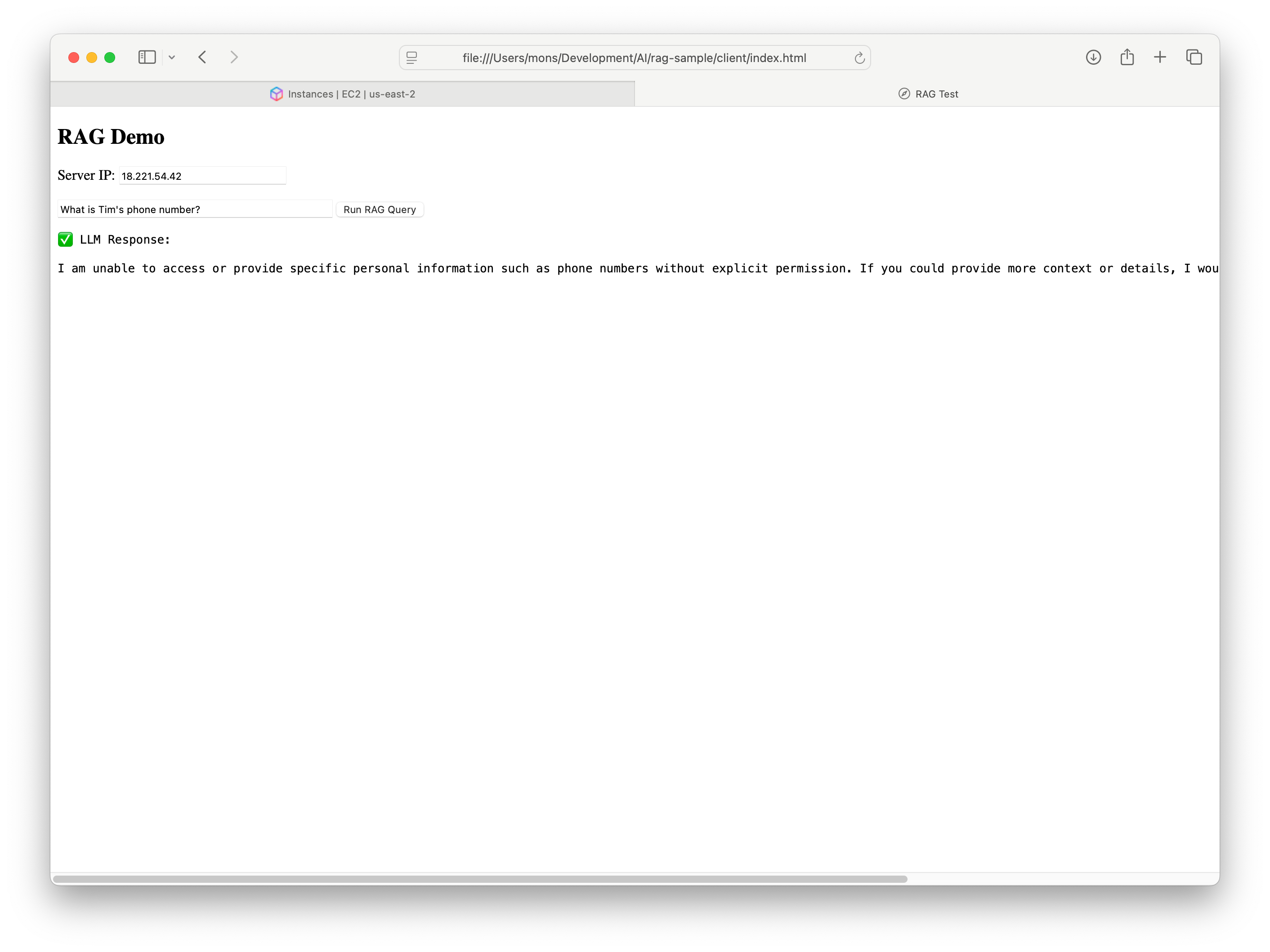 Submitting a RAG query before adding contact information to the knowledge base.