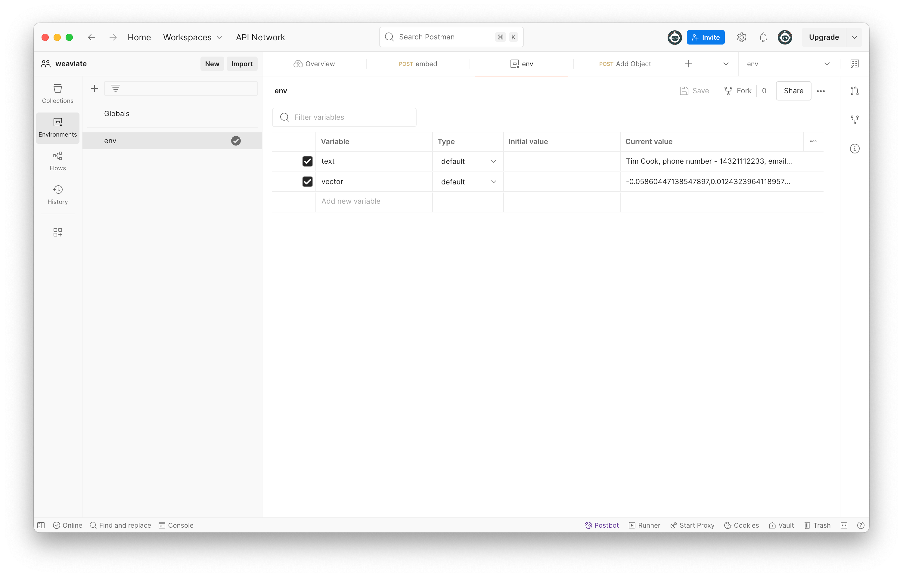 Configuring the sample contact information in the Postman environment.