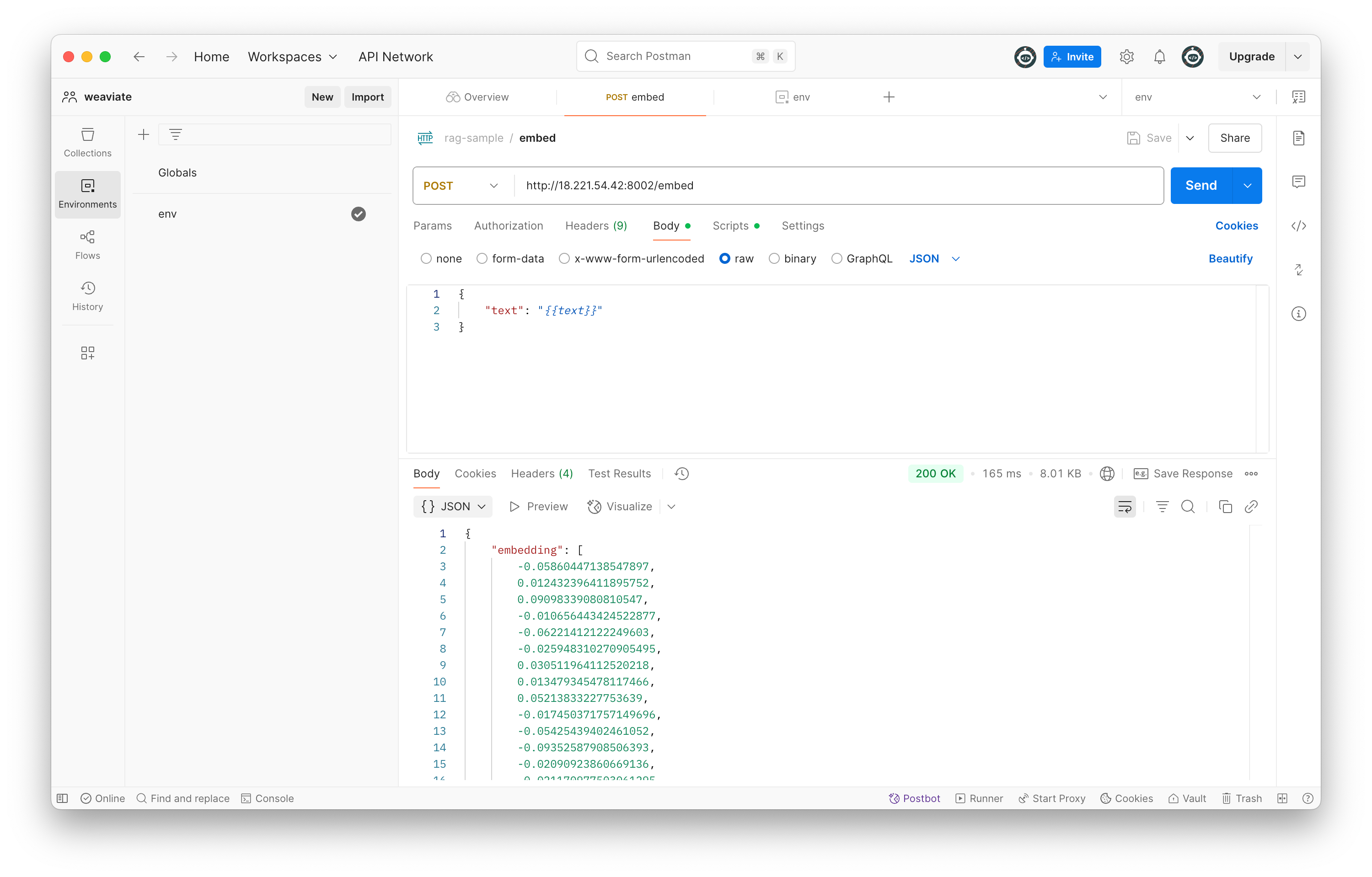 Calling the embedder service and receiving the text embedding vectors.