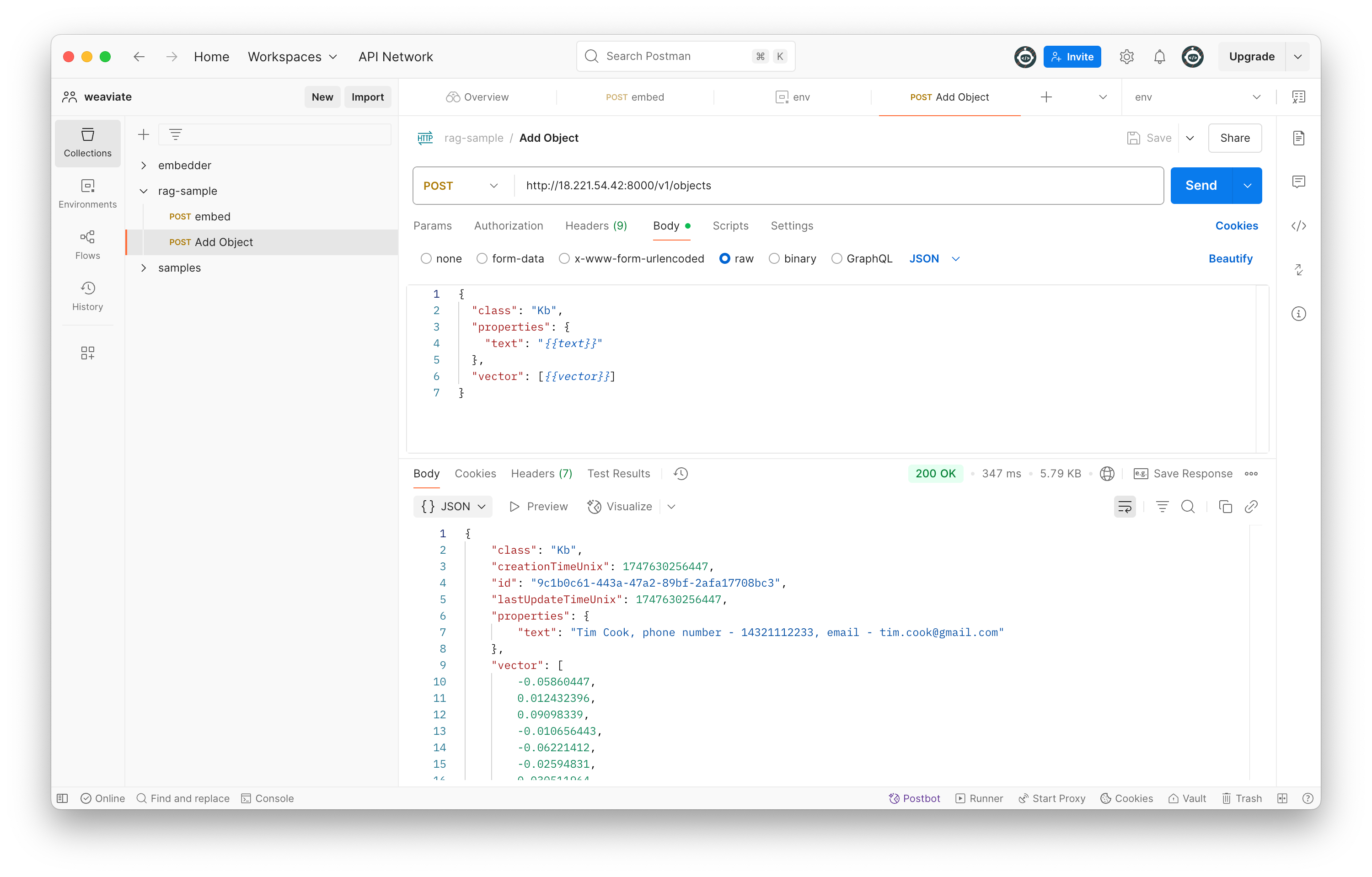 Adding the contact text and embedding vectors to Weaviate through Postman.