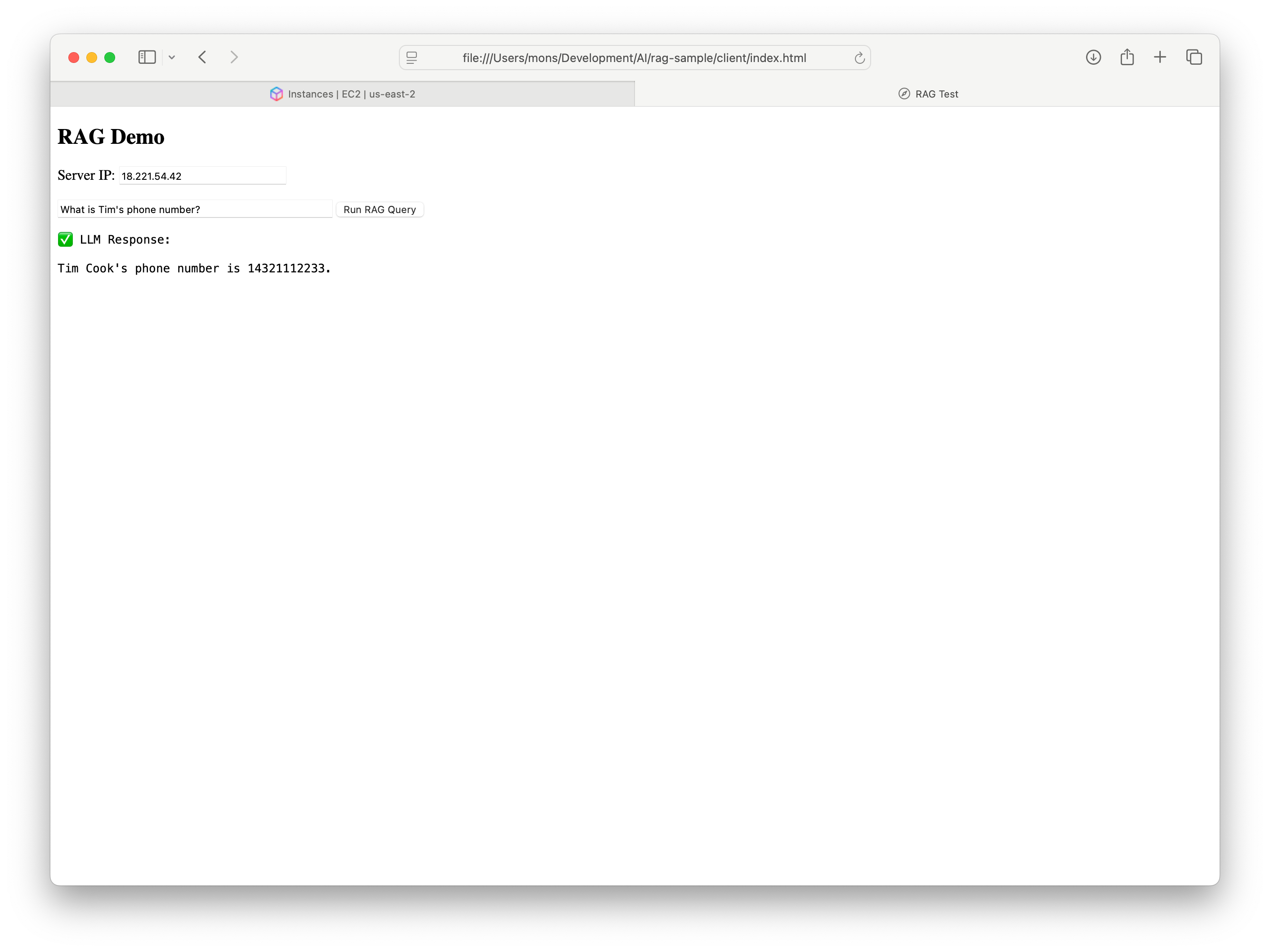 The RAG assistant answering a query using the added contact information.