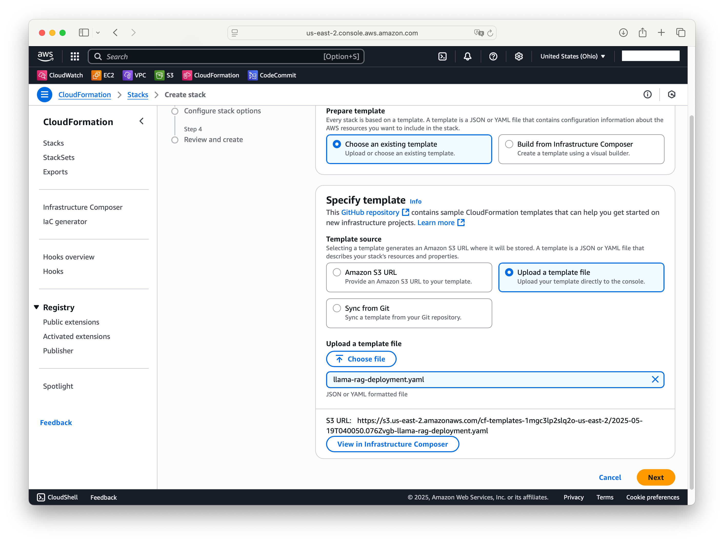 Uploading the llama-rag-deployment.yaml CloudFormation template.