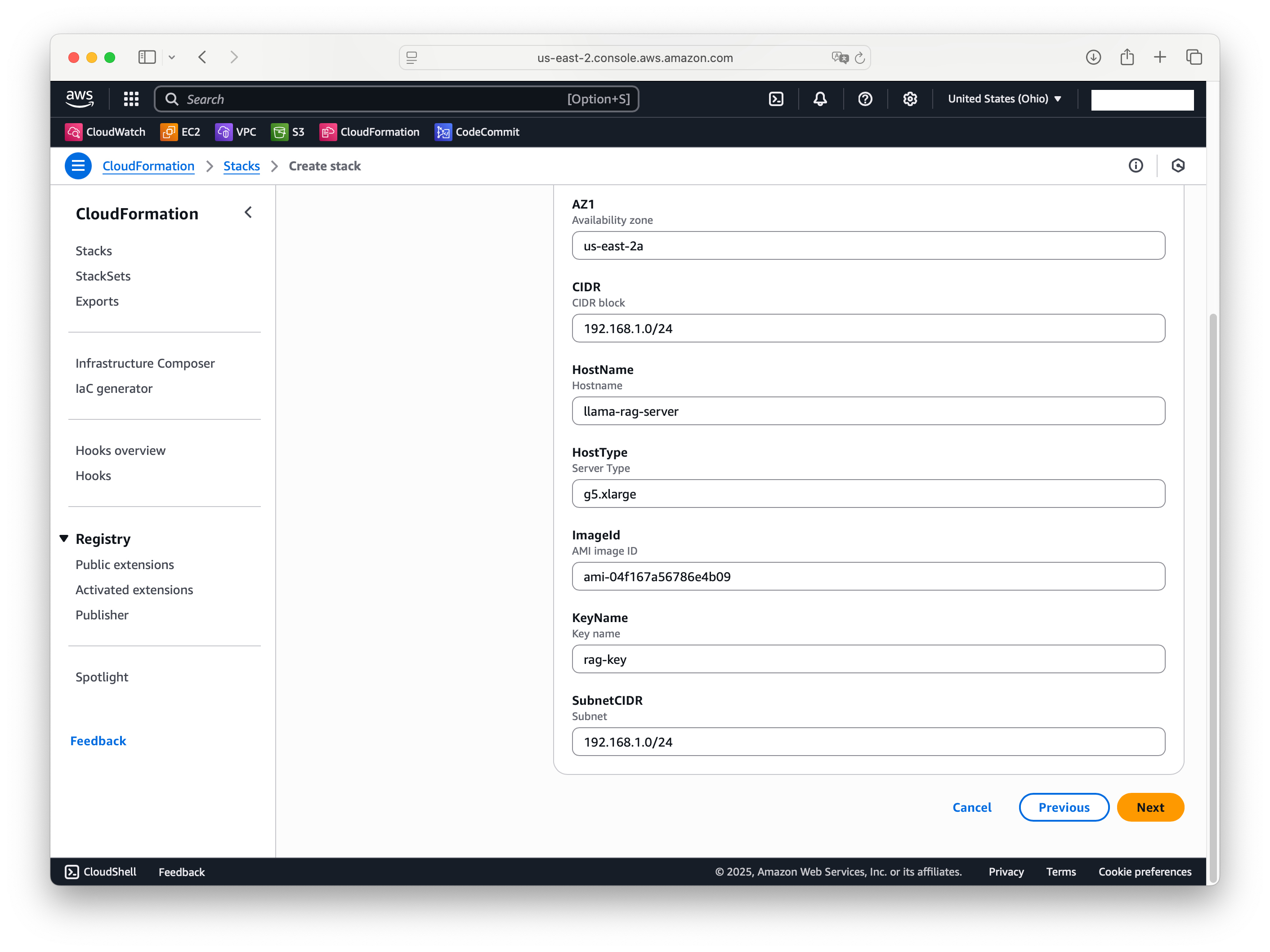 Configuring the RAG stack name, key pair, and deployment parameters.