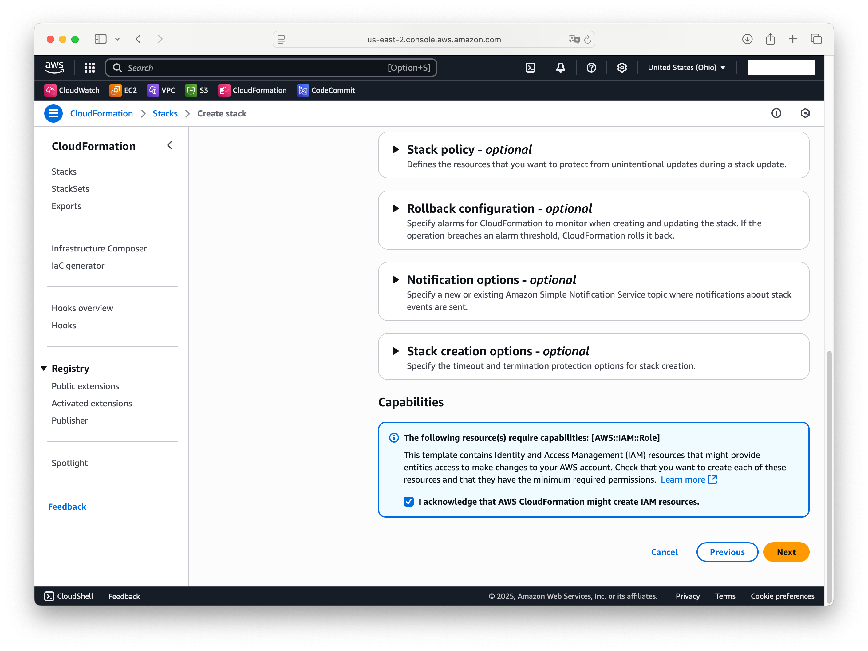 Acknowledging required resource capabilities for the CloudFormation stack.