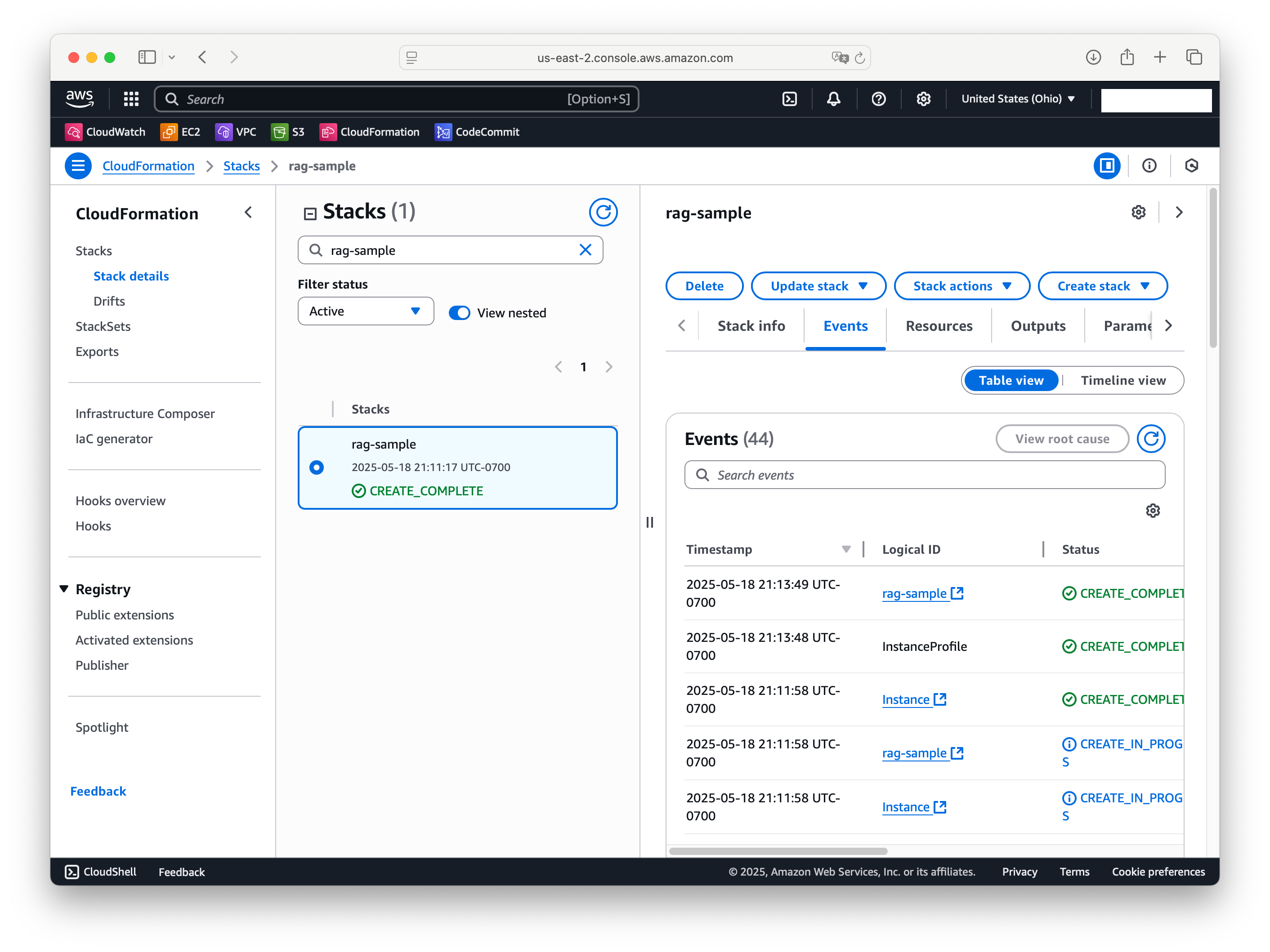 CloudFormation stack deployment status and completion.