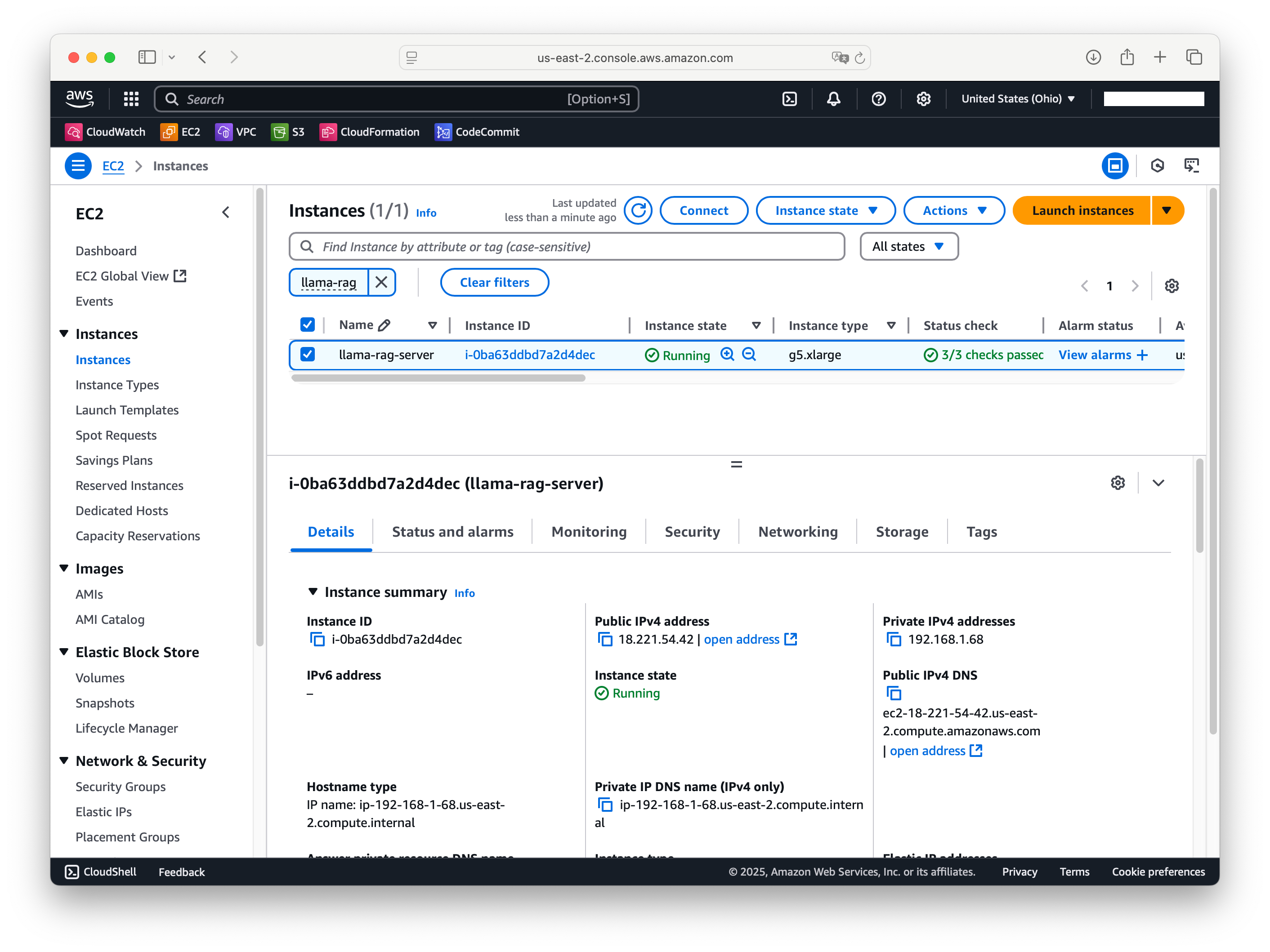 Selecting the deployed EC2 instance and opening Connect.