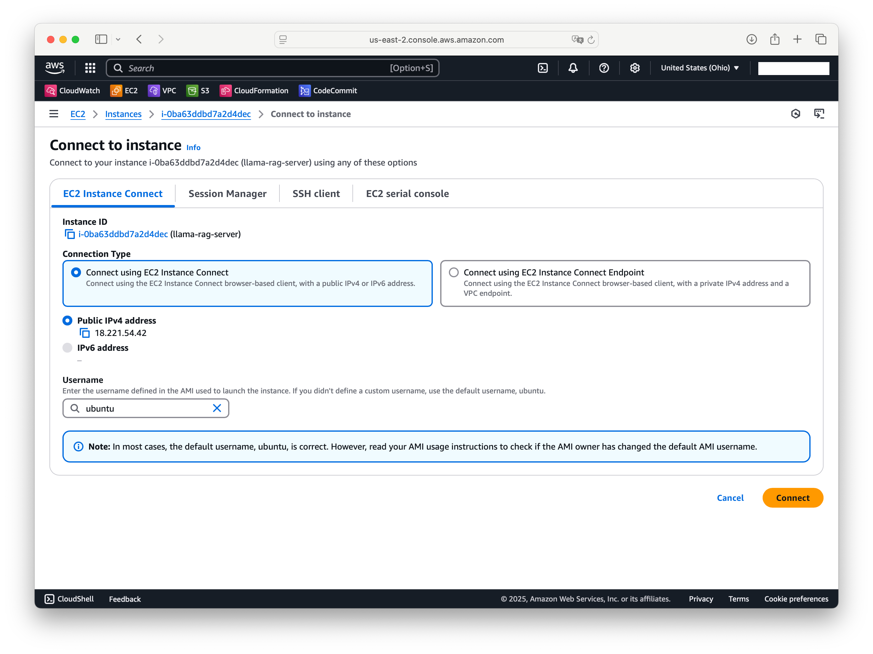 Connecting to the EC2 instance through the browser console.
