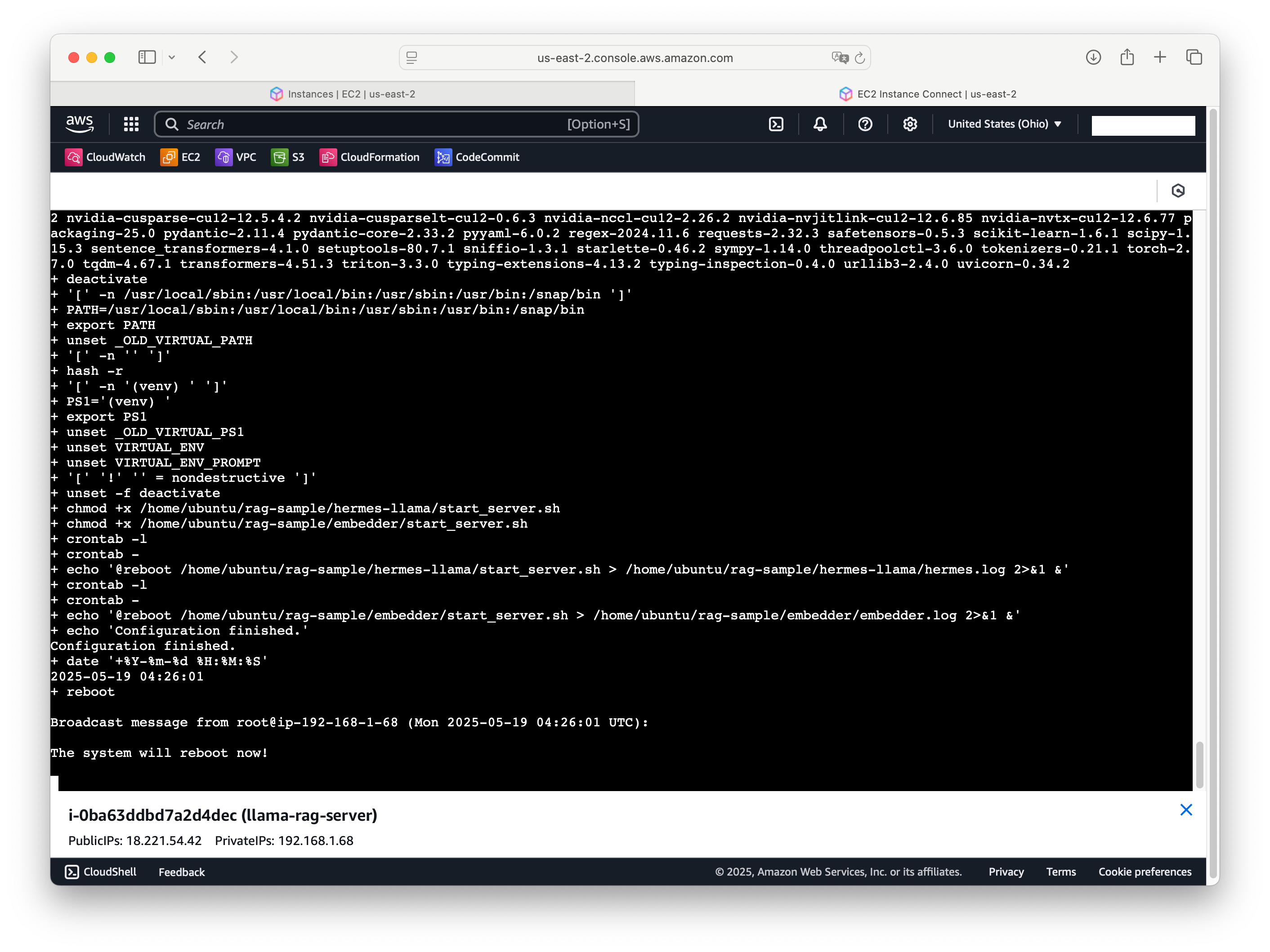 The installation log reporting Configuration finished.