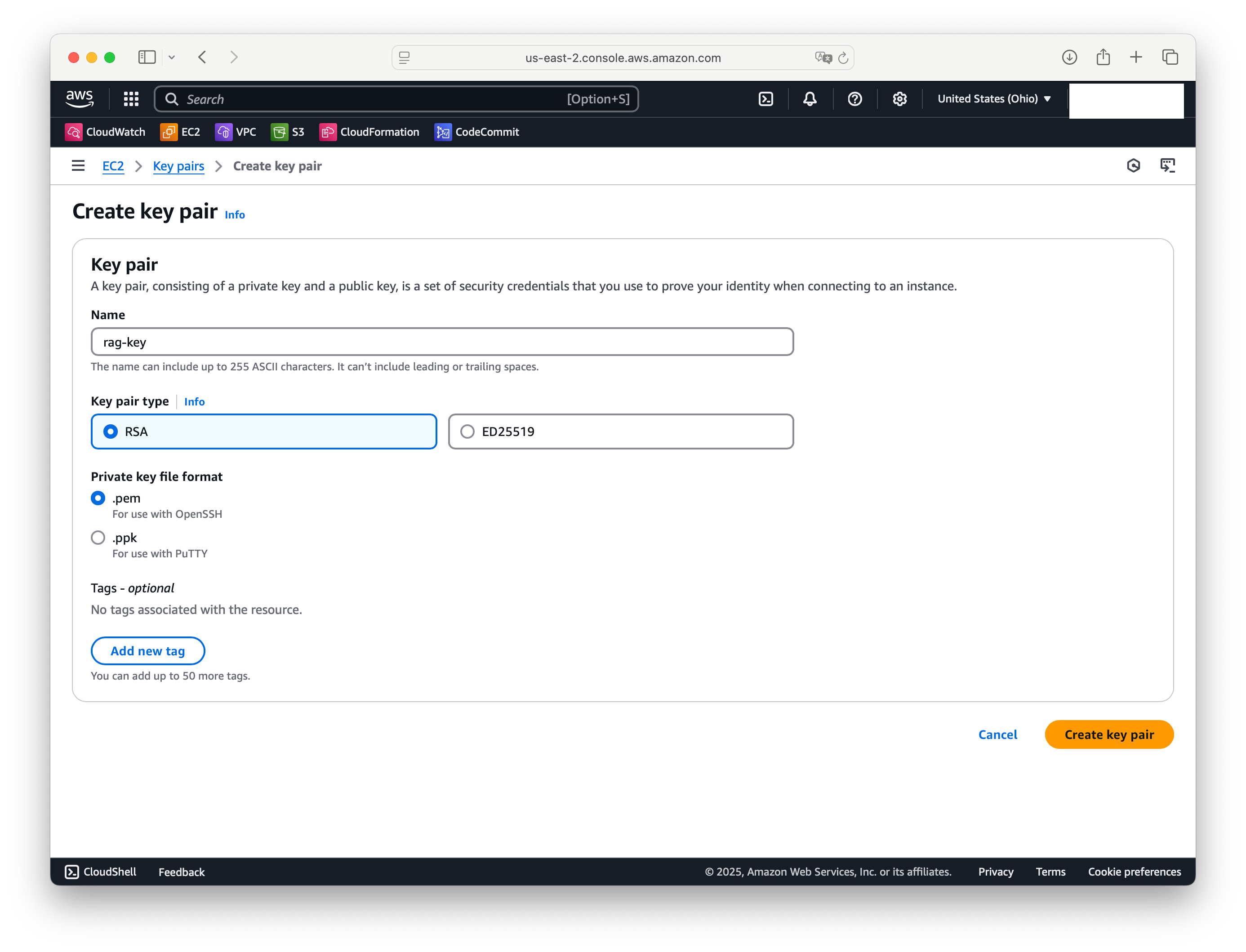 Creating the rag-key RSA key pair in the AWS EC2 console.